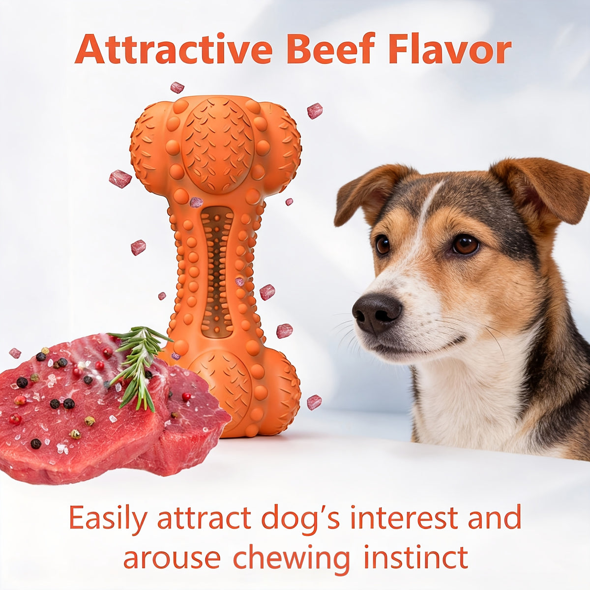 Rubber Dog Chew Bone with Dual Squeakers, Textured Natural Rubber Toy with Beef Scent for Medium and Large Dogs, Interactive Fetch and Supervised Play