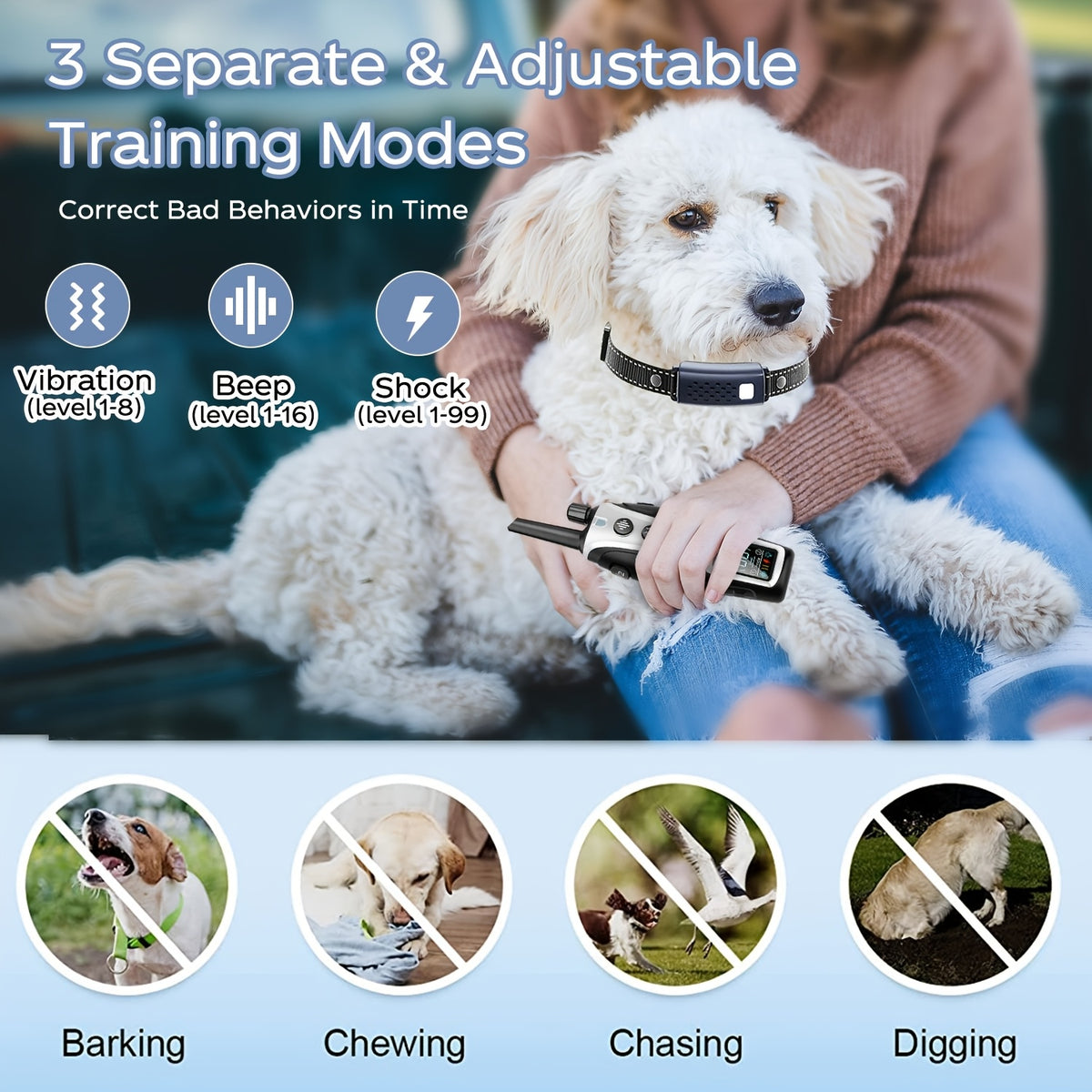 Dog Training Collar with Night Light, 3280ft Listed Remote Range, USB Rechargeable with Keypad Lock, Beep, Vibration and Static Modes for 1 or 2 Dogs