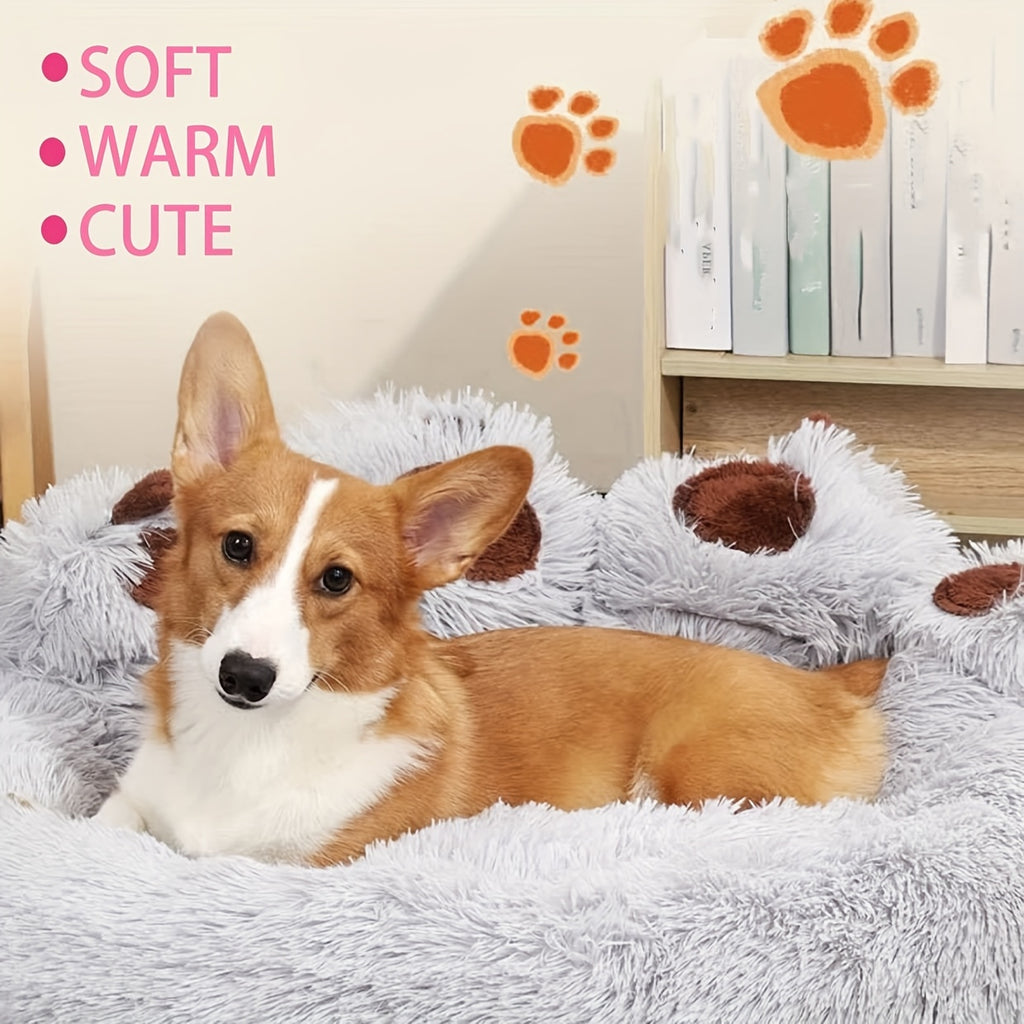 Dog Bed with Bear Paw Bolsters, Thick Plush Cat Sleeping Cushion with Non-Slip Bottom, Pink Grey or Coffee in 60cm, 70cm and 100cm Sizes