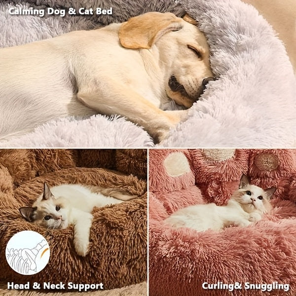 Dog Bed with Bear Paw Bolsters, Thick Plush Cat Sleeping Cushion with Non-Slip Bottom, Pink Grey or Coffee in 60cm, 70cm and 100cm Sizes