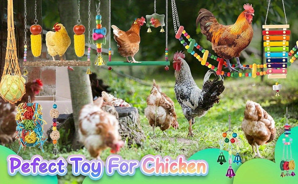 Chicken Coop Toy Set in 5 or 9 Piece Options, Hanging Poultry Enrichment Accessories for Backyard Hens, Coop Activity and Chicken Keeper Gifts
