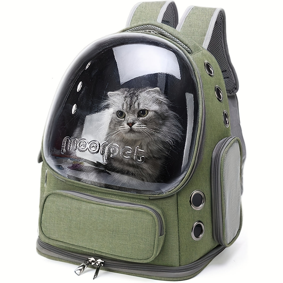 Oxford Cat Backpack Carrier with Pet Collar, Breathable Travel Bag for Small to Medium Cats and Dogs, Safety Zippers and Durable Straps, Green Gray or Khaki