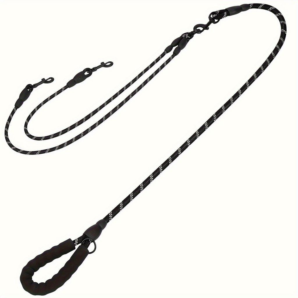 Double Dog Rope Leash with 360-Degree Swivel, Reflective Nylon Lead and Padded Foam Handle for Walking Two Small Dogs or Puppies