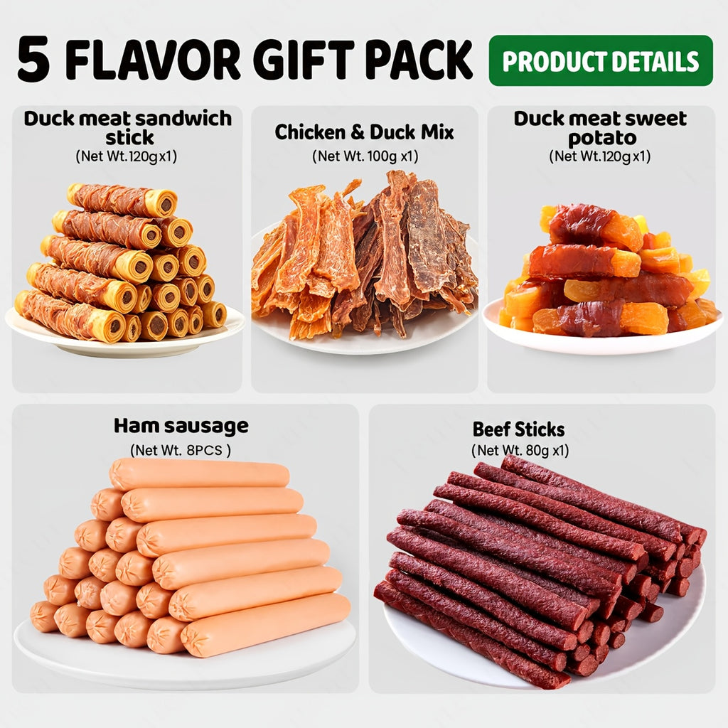 Dog Treat Variety Packs with Chicken and Duck Jerky Combo, Assorted Jerky and Sausage or Hot Dog Snack Options for Supervised Training Rewards
