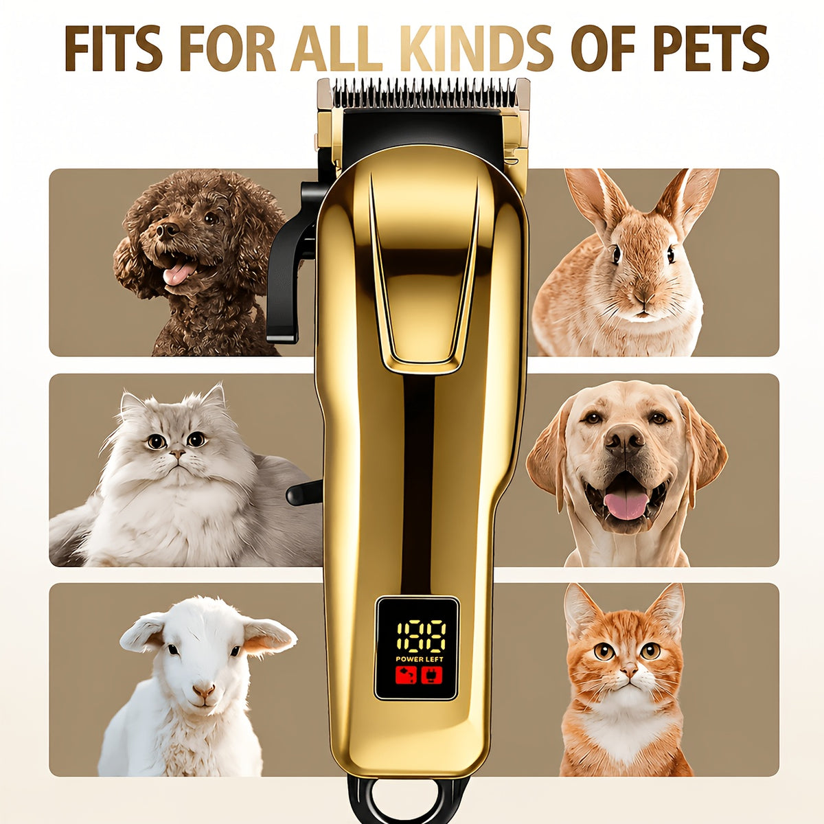 Cordless Pet Hair Clippers with 4 Guide Combs, Rechargeable Low-Noise Dog and Cat Grooming Trimmer with Ergonomic Grip in Golden or Pink