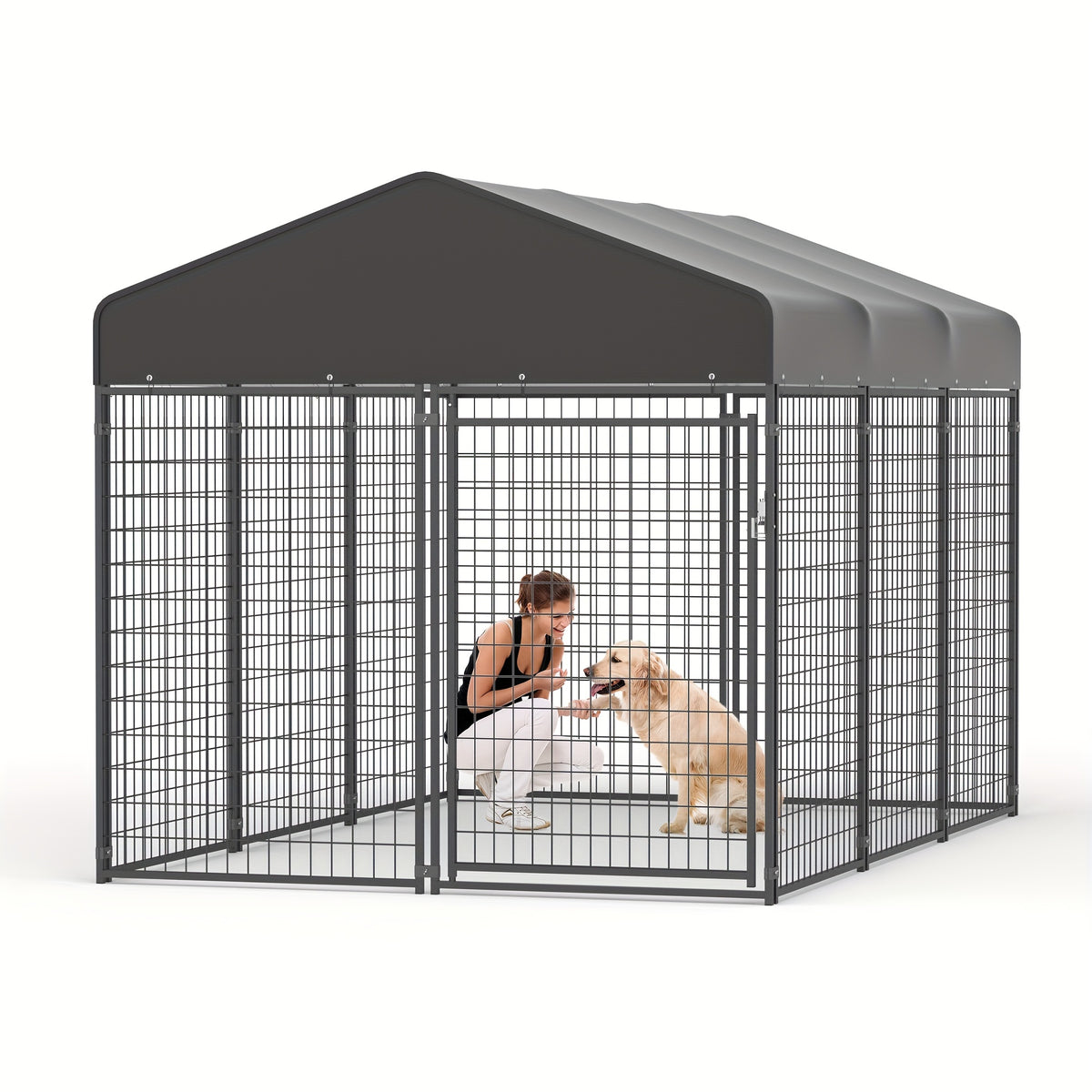 Outdoor Dog Run Enclosure with Roof Cover, Heavy-Duty Steel Mesh Kennel with Lockable Door and Ground Pegs, Four Size Options for Backyard and Farm