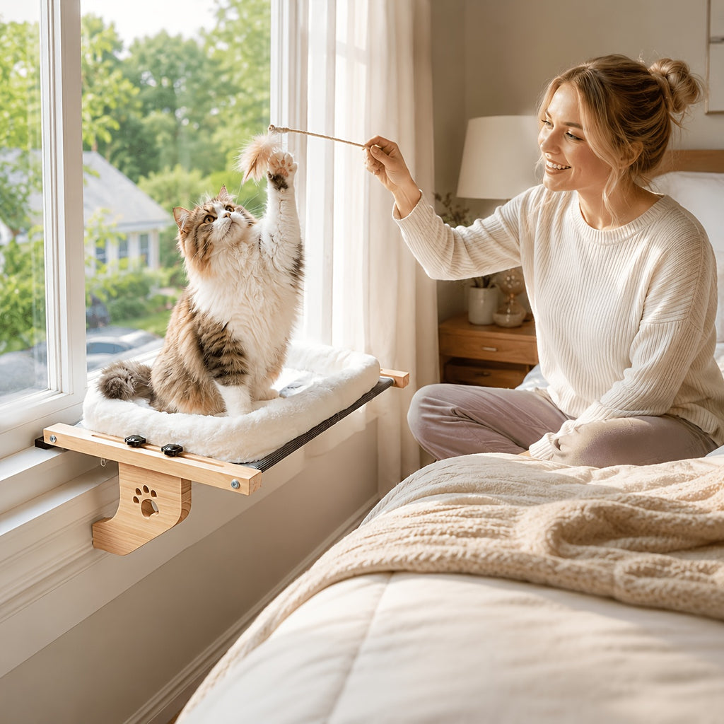 Wood Frame Cat Window Perch, Adjustable Hanging Indoor Cat Bed for Compatible Windowsills, Bedsides, Drawers and Shelves, Space-Saving Lounging Spot
