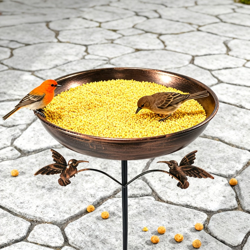 Standing Metal Bird Bath in Copper Tone with Bird Accent, Vintage Bowl-Shaped Outdoor Water Basin for Garden, Yard, Patio and Lawn Decor
