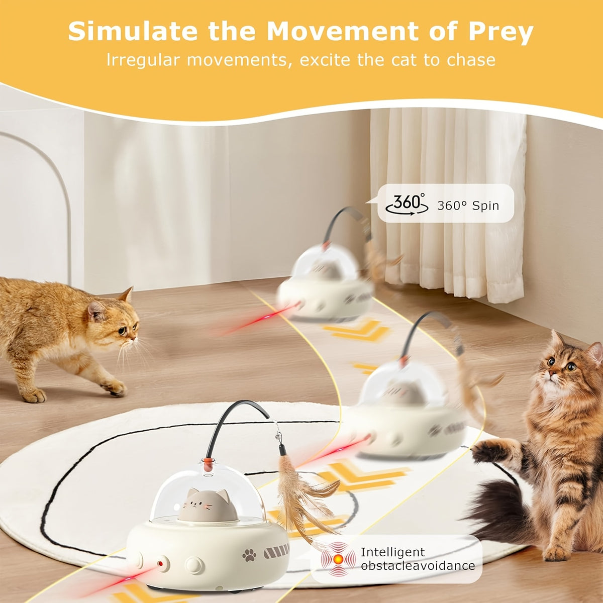 Automatic UFO Cat Toy, 3-in-1 USB Rechargeable Moving Toy with Built-In Laser and Detachable Feather Wand for Indoor Cats and Kittens