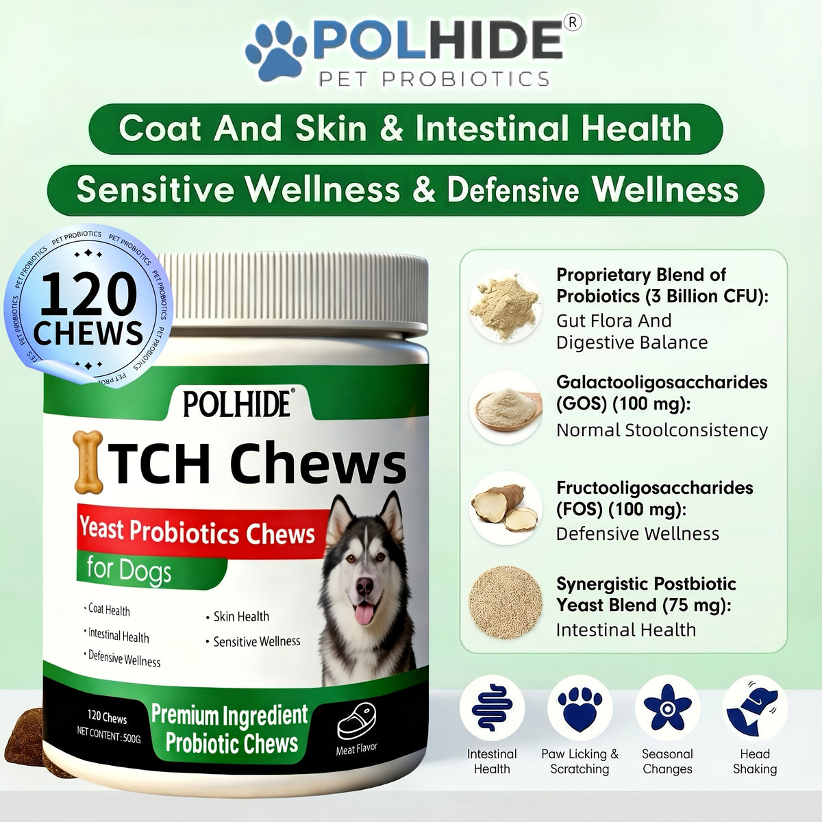 Dog Probiotic Supplement Chews, 120 Count Meat Flavor Yeast Soft Chews in One Bottle for Everyday Canine Skin, Coat and Digestive Care Routines