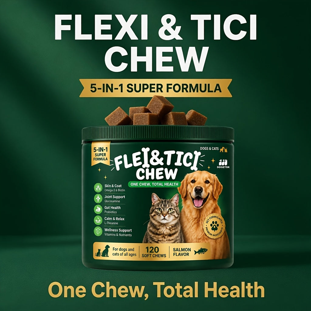 Salmon Flavor Pet Soft Chews for Dogs and Cats, Dogetsk 5-in-1 Formula, 120 Count in One Bottle for Owner-Managed Supplement Routines