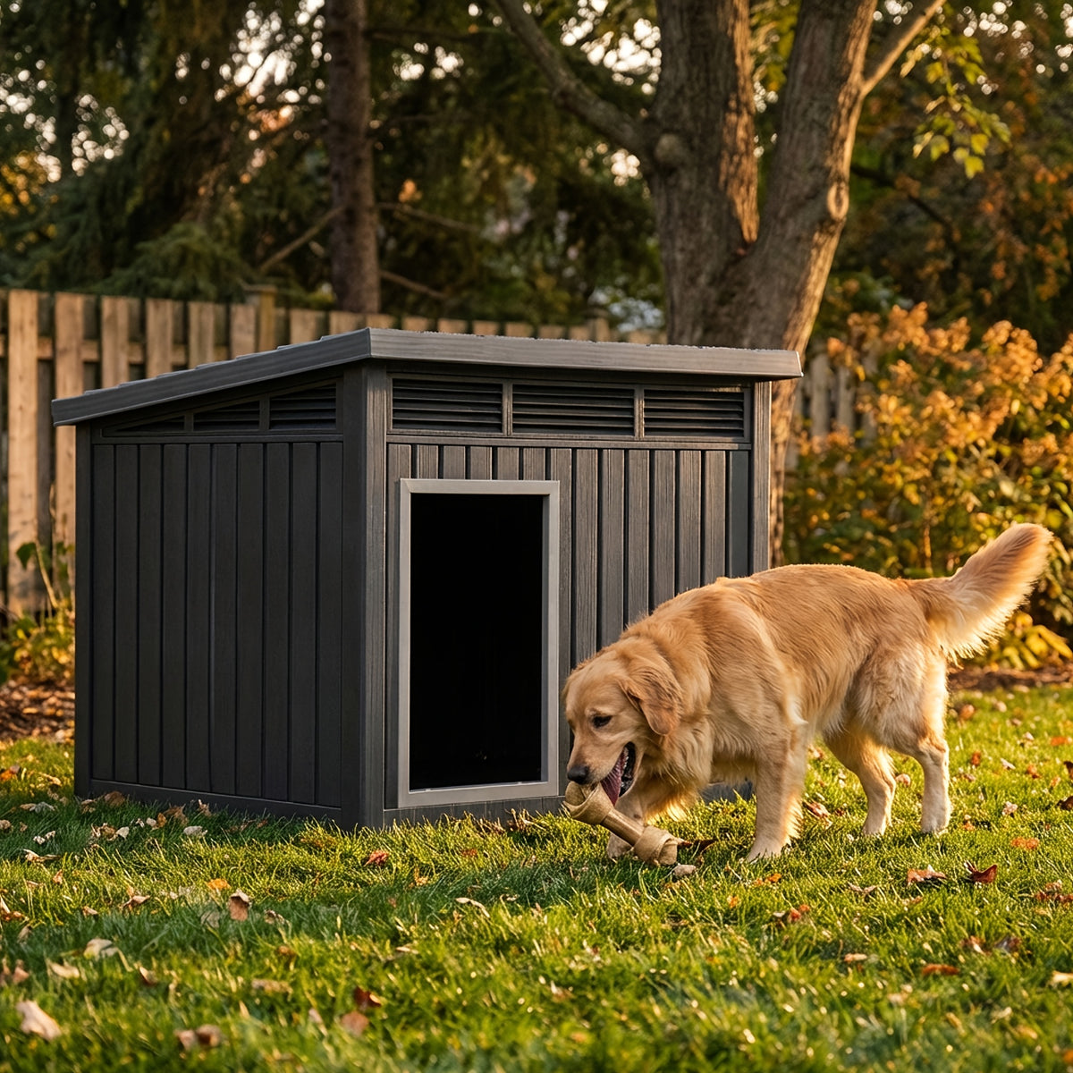 Ventilated Dog House with Slanted Roof, Black or Grey Indoor Outdoor Pet Shelter with Listed Waterproof and UV-Resistant Features for Large Dogs