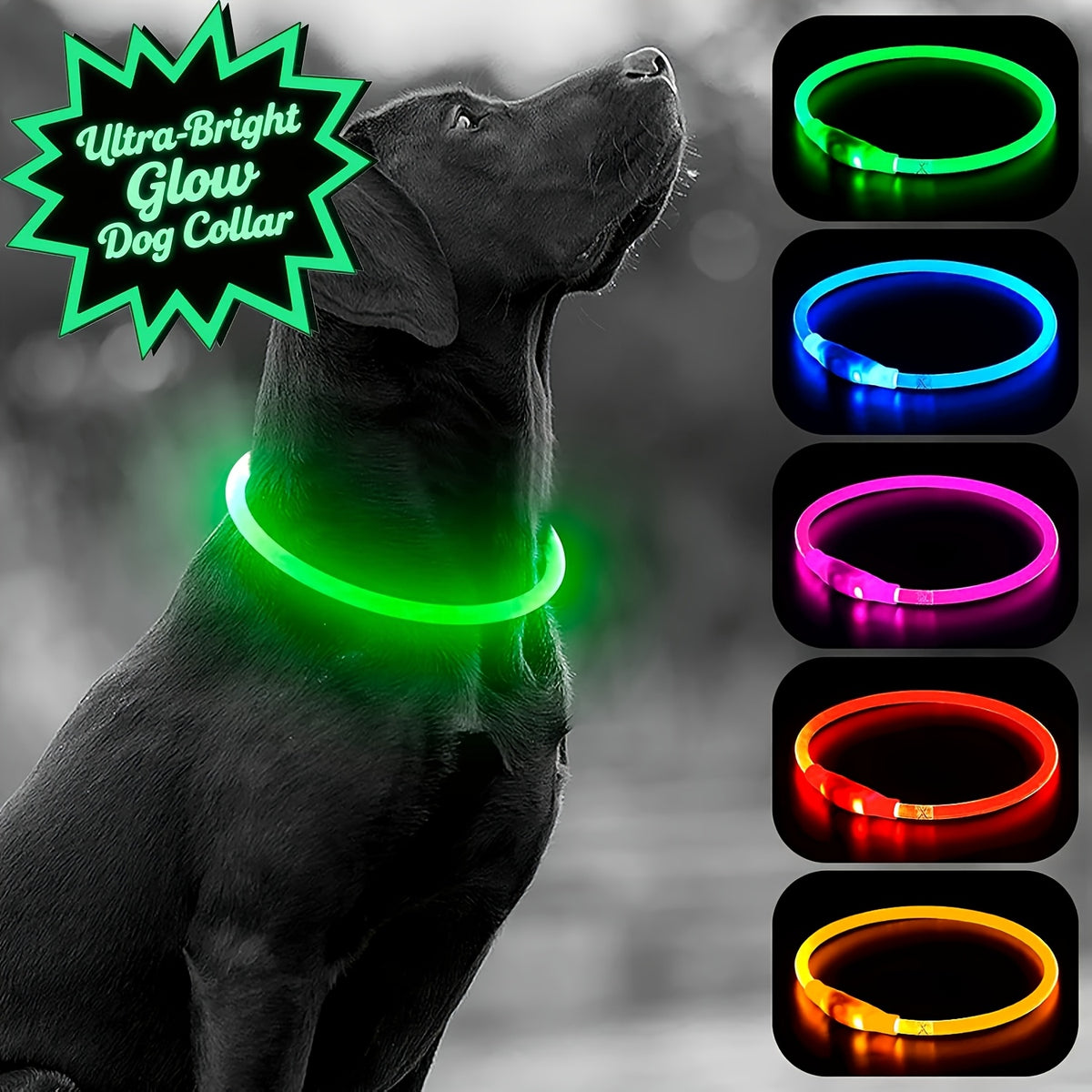 Rechargeable LED Dog Collar with Cut-to-Fit Glow Tube, 3-Mode Light Up Neck Ring for Night Walking and Running, Single and Multi-Pack Color Options