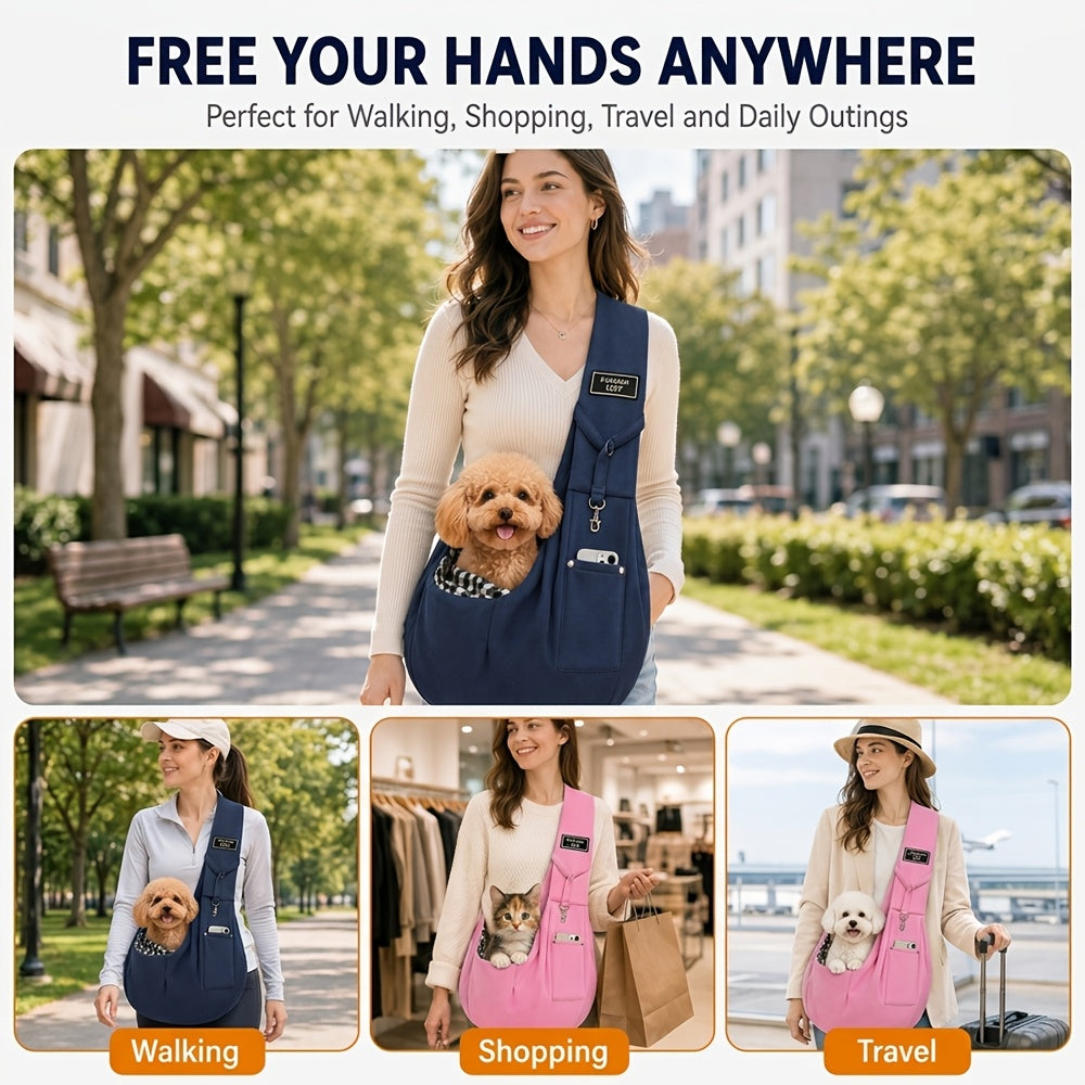 Reversible Dog Carrier Sling with Storage Pocket for 3-15 lb Small Dogs and Cats, Hands-Free Puppy Carrying Pouch in Pink or Blue for Outings