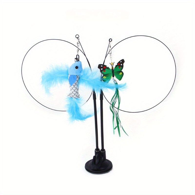 Suction Cup Cat Wand Toy with Two Flexible Teaser Rods, Lake Blue Interactive Feather-Style Cat Toy for Indoor Cats and Supervised Kitten Play