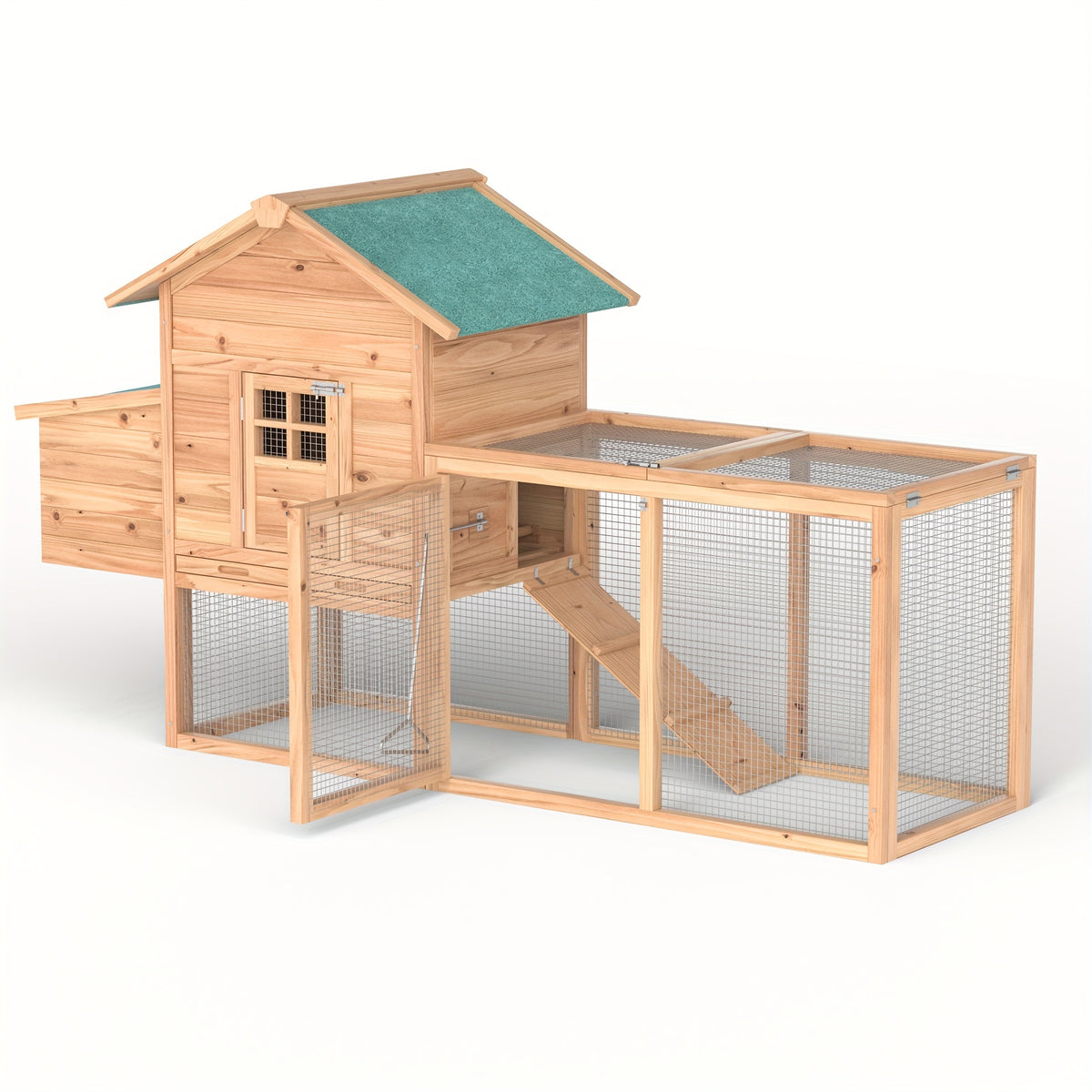 Wooden Chicken Coop with Run and Nesting Box, 80.7 Inch Fir Wood Outdoor Hen House with Ramp, Removable Cleaning Tray and Green Asphalt Roof