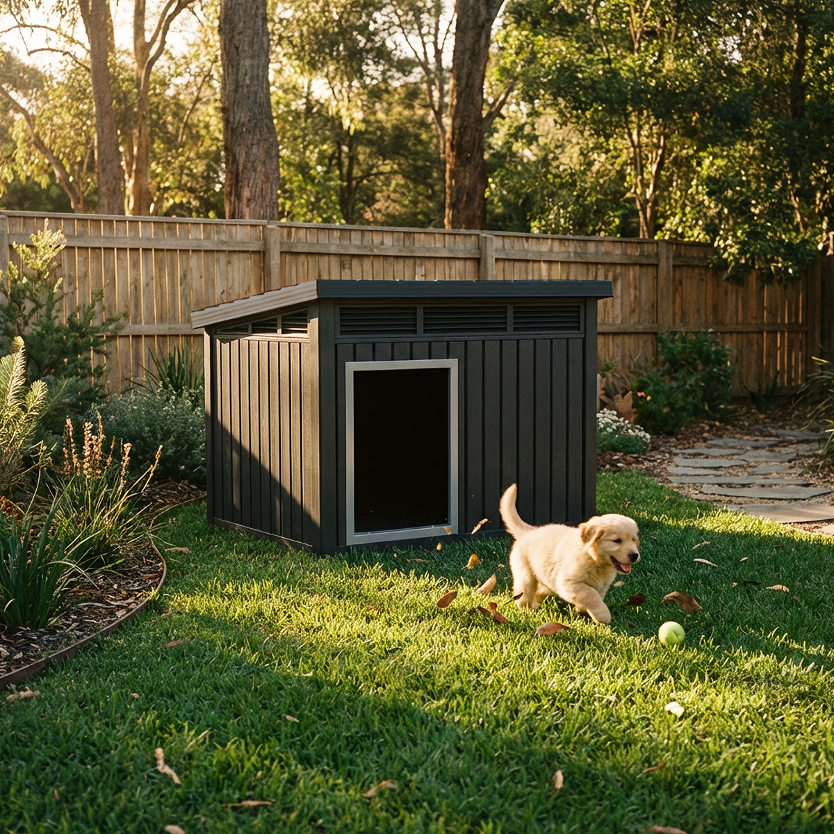 Resin Dog House 33 Inch with Slanted Roof and Ventilation Openings, UV-Resistant Outdoor Pet Shelter in Black or Grey for Backyard Rest