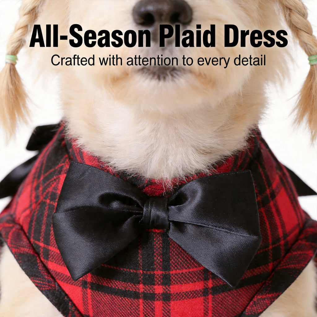 Plaid Dog Dress with Bow for Dogs and Cats, Red Academic Style Pet Outfit in XS–XXL with Random Poop Bag Dispenser and 4 Bells