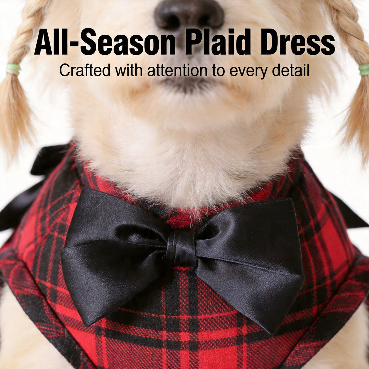 Plaid Dog Dress with Bow for Dogs and Cats, Red Academic Style Pet Outfit in XS–XXL with Random Poop Bag Dispenser and 4 Bells