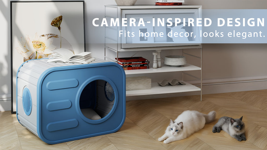 Blue Resin Cat House for Indoor and Outdoor Use, Easy-to-Assemble and Easy-to-Clean Pet Resting Shelter, 20.83 x 14.21 x 15.91 Inches