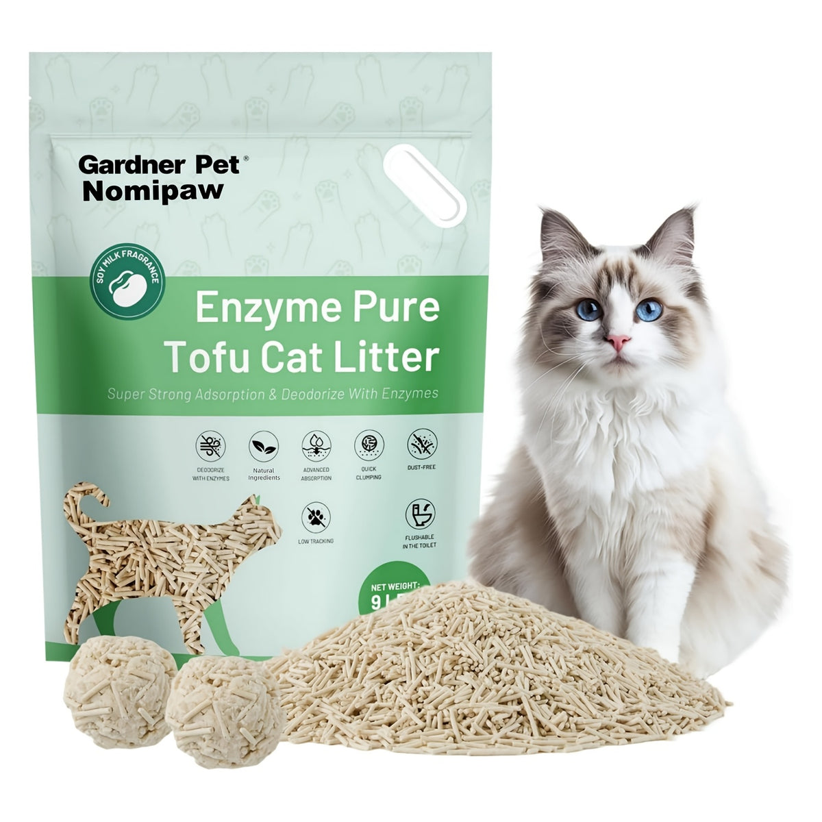 Enzyme Tofu Cat Litter with Light Soy Milk Scent, Plant-Based Clumping Low-Tracking Pellets for Indoor Cats, 9 lb Bag or 18 lb Two-Pack