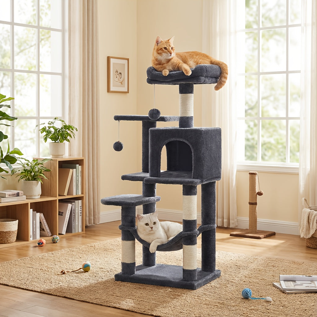 Multi-Level Cat Condo Tower with Cave and Plush Hammock, Sisal Scratching Features and Perches for Indoor Rest and Play, 44 66 or 79 Inch Options