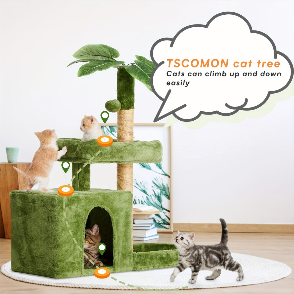Cat Tree with Green Leaf Design, Indoor Cat Condo with Cozy Plush Resting Area, Hanging Ball and Sisal Scratching Post for Everyday Play