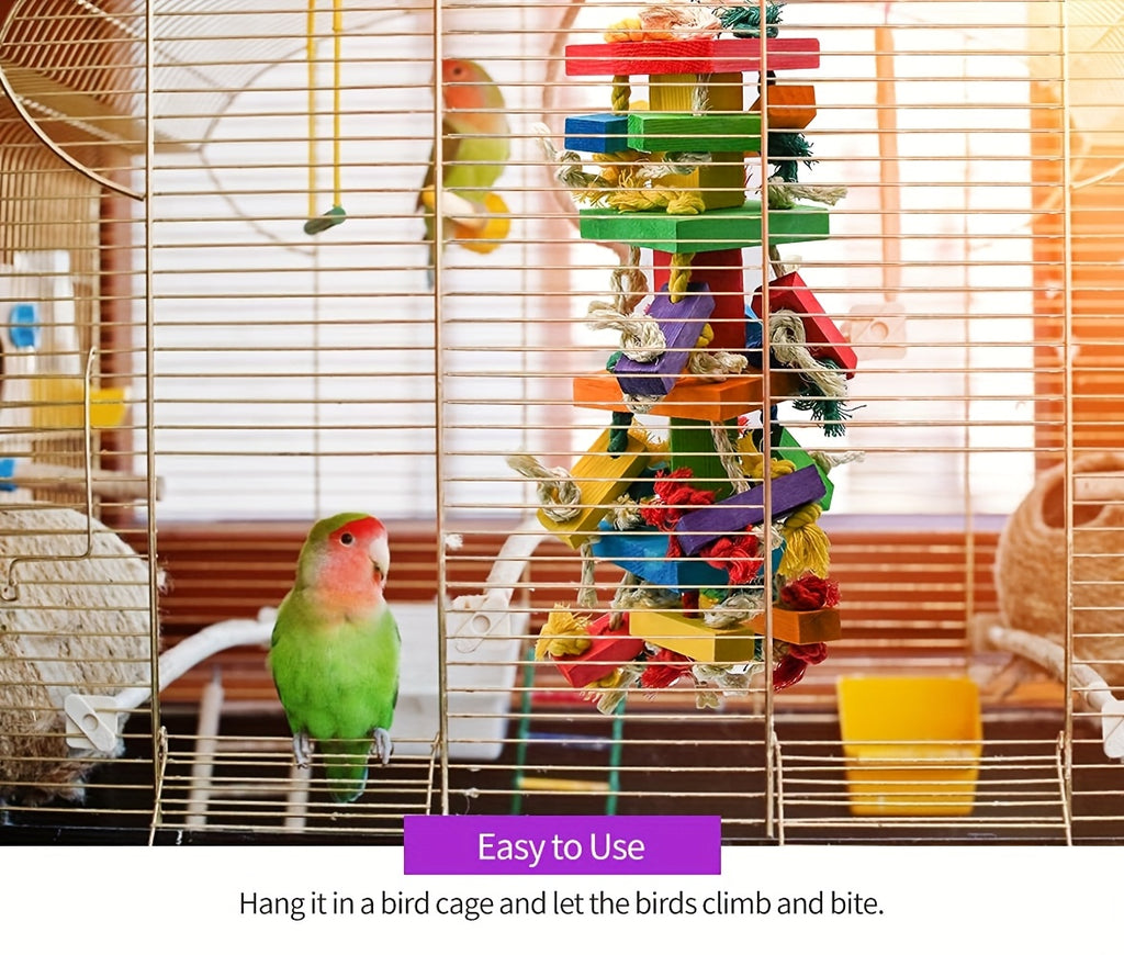 Wooden Bird Chew Toys with Colorful Blocks, Hanging Parrot Cage Enrichment in Six Styles for Supervised Chewing and Everyday Play