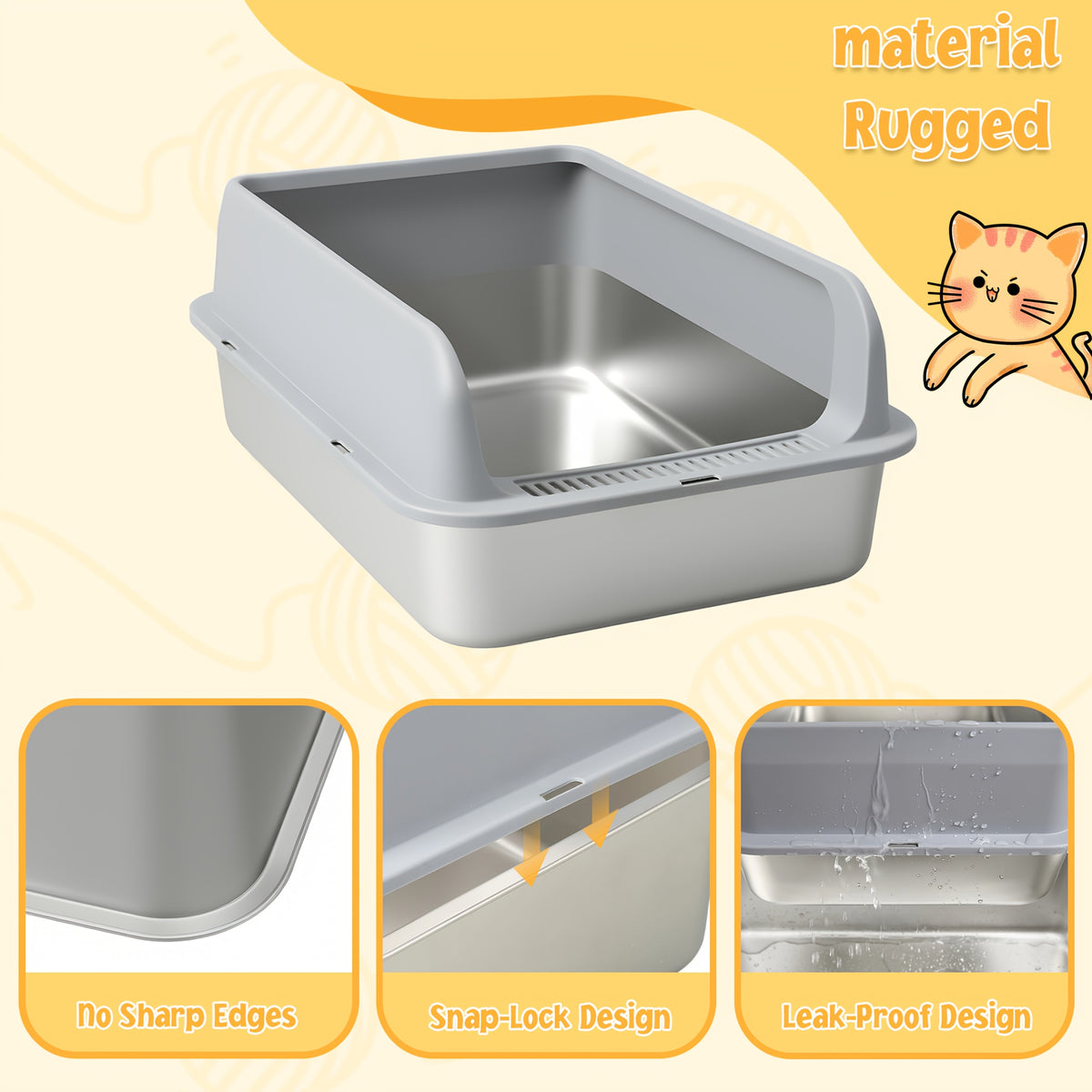 Stainless Steel Sifting Litter Box with High Sides and Buckle-Secured Lid, Pellet Cat Litter Pan with Scoop and Anti-Slip Stickers for Indoor Cats