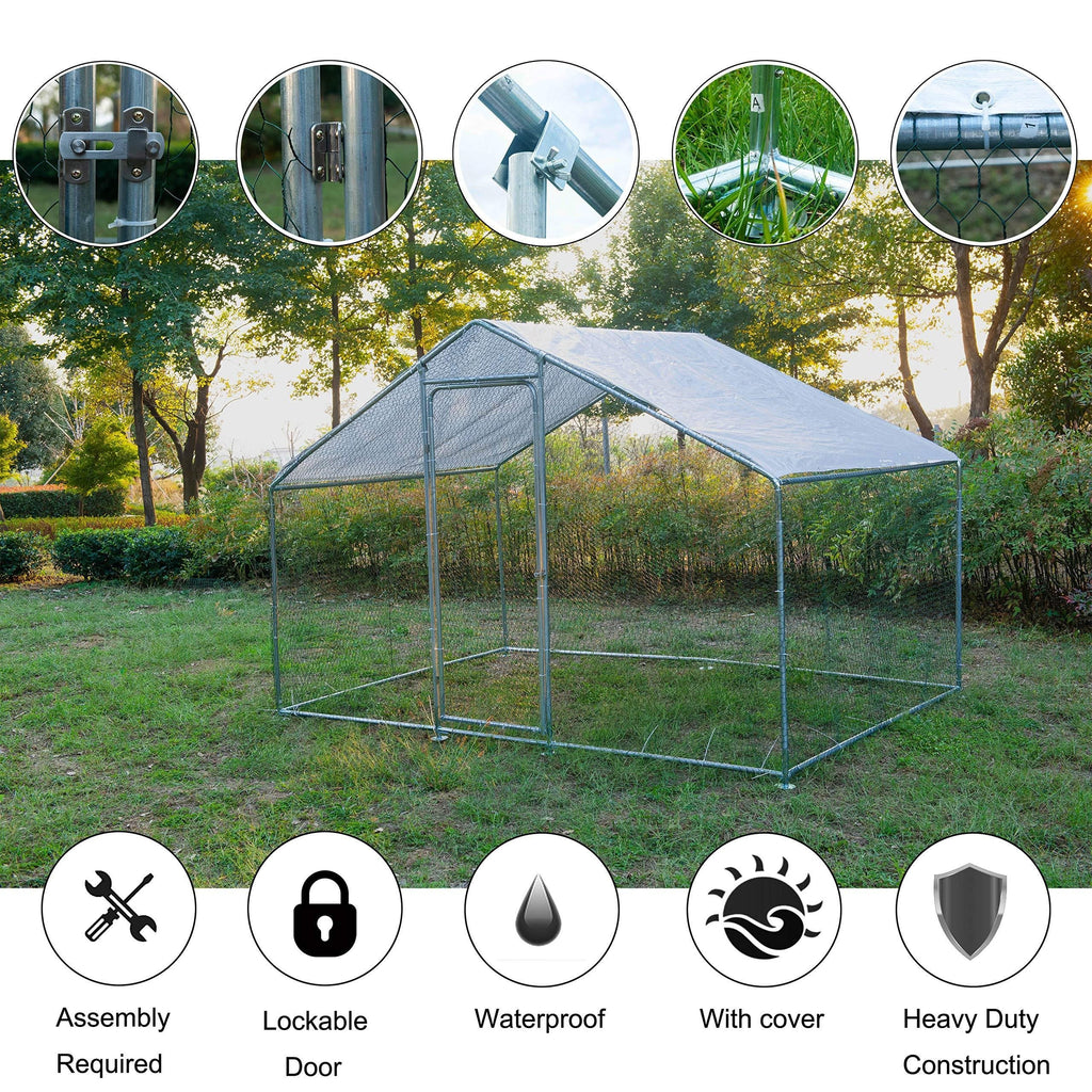 Walk-In Chicken Coop with Lockable Door, Galvanized Metal Poultry Run and UV-Resistant Cover for Backyard Hens, 118.1 x 78.7 x 78.7 Inches