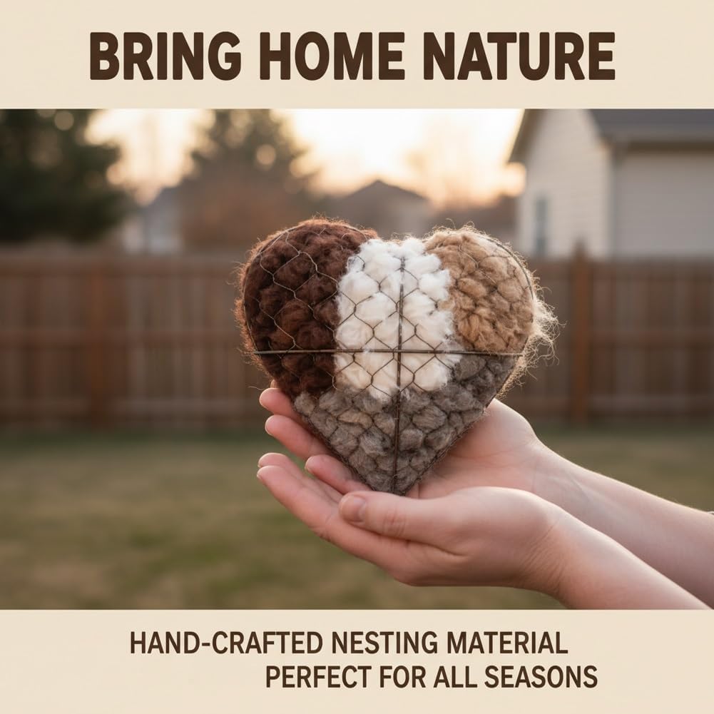 Heart-Shaped Hummingbird Nest, Handmade Fiber Bird Nest with 2 Bags of Nesting Materials, Finished Heart Garden Accent and Bird Lover Gift