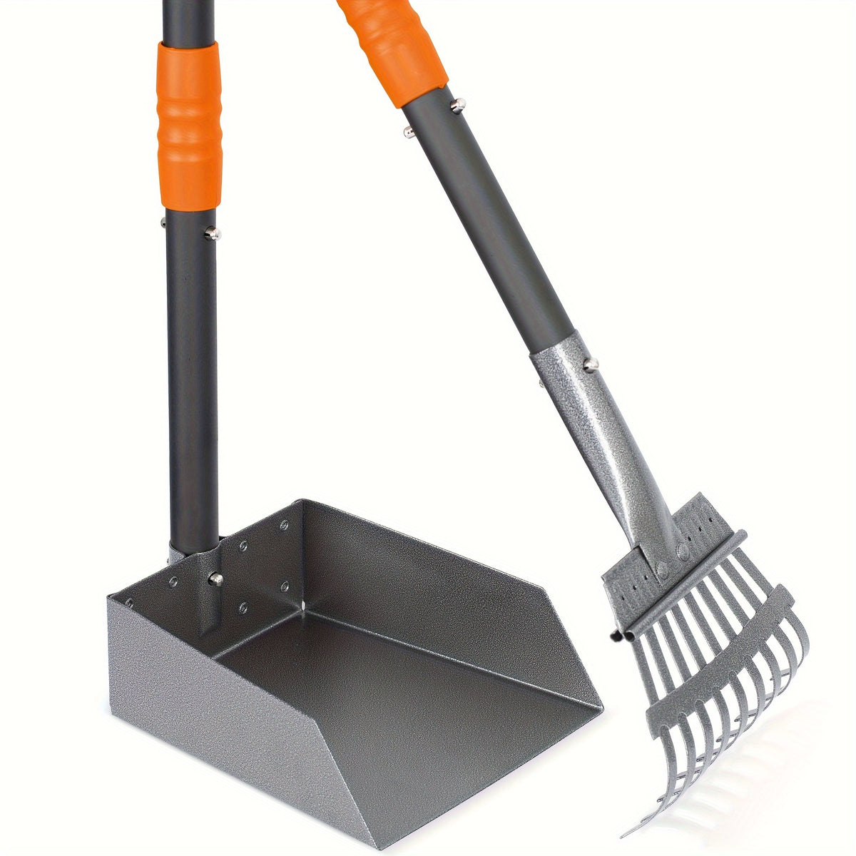 Dog Pooper Scooper Tray and Rake Set, Stainless Steel Pet Waste Removal Tools with Adjustable Handles for Everyday Yard Cleanup