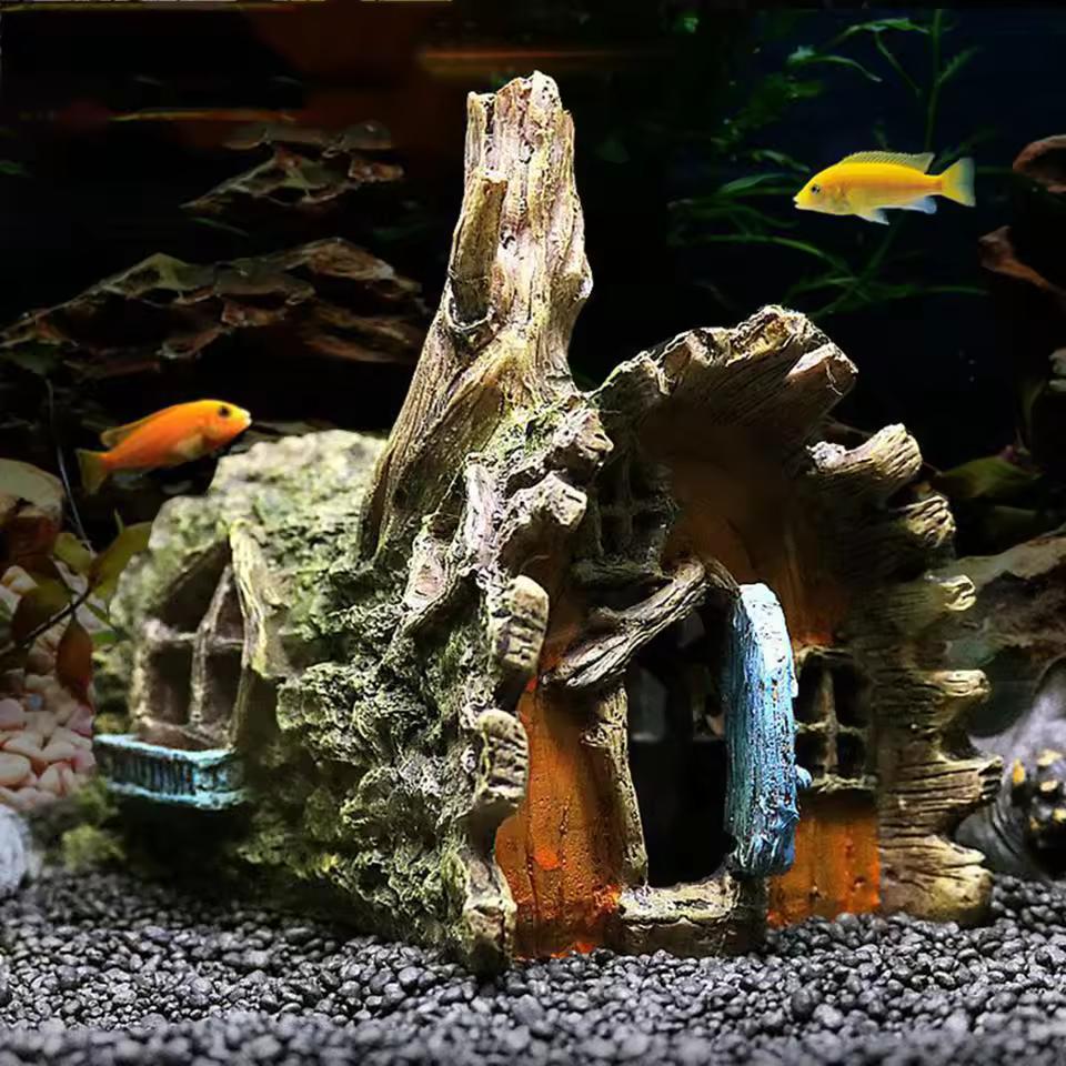 Resin Driftwood Aquarium Ornament, Tan Tree Stump with Hollow Log and Root-Style Cave Hideout for Freshwater and Saltwater Fish Tank Decor, 1 Piece