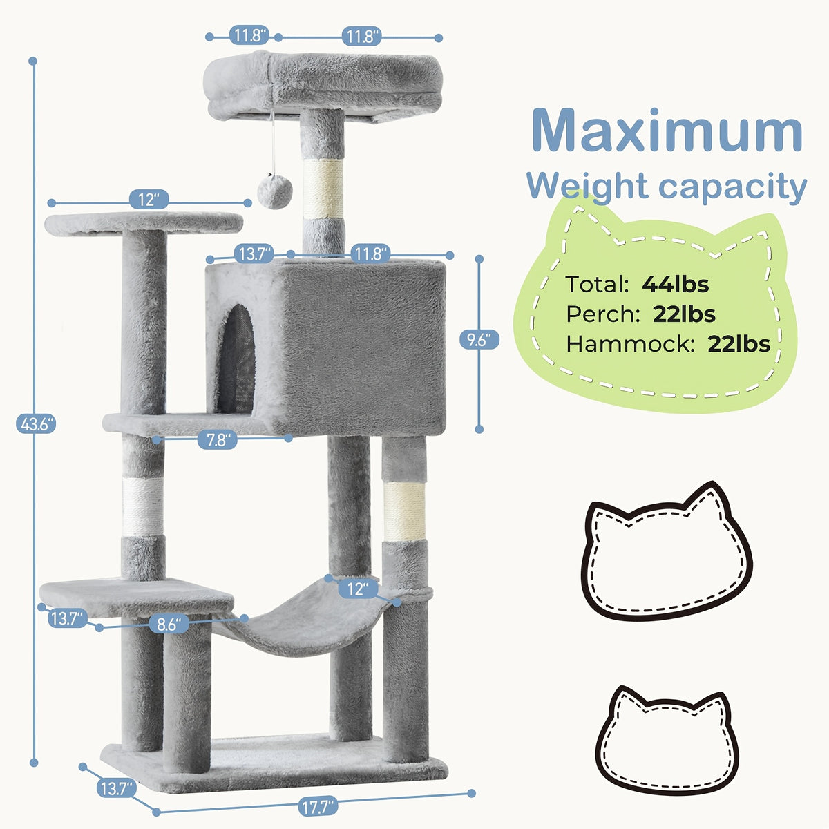 Cat Tree Tower with Condo and Hammock, Sisal Scratching Posts and Perches for Indoor Cats, 44-Inch Colors Plus 44/54-Inch Holiday Options