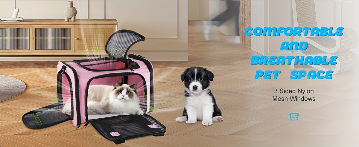 Cat Travel Carrier with Mesh Windows, Collapsible Soft-Sided Pet Bag for Cats and Small Dogs Under 15 lbs, Shoulder Strap and Padded Carry Handle