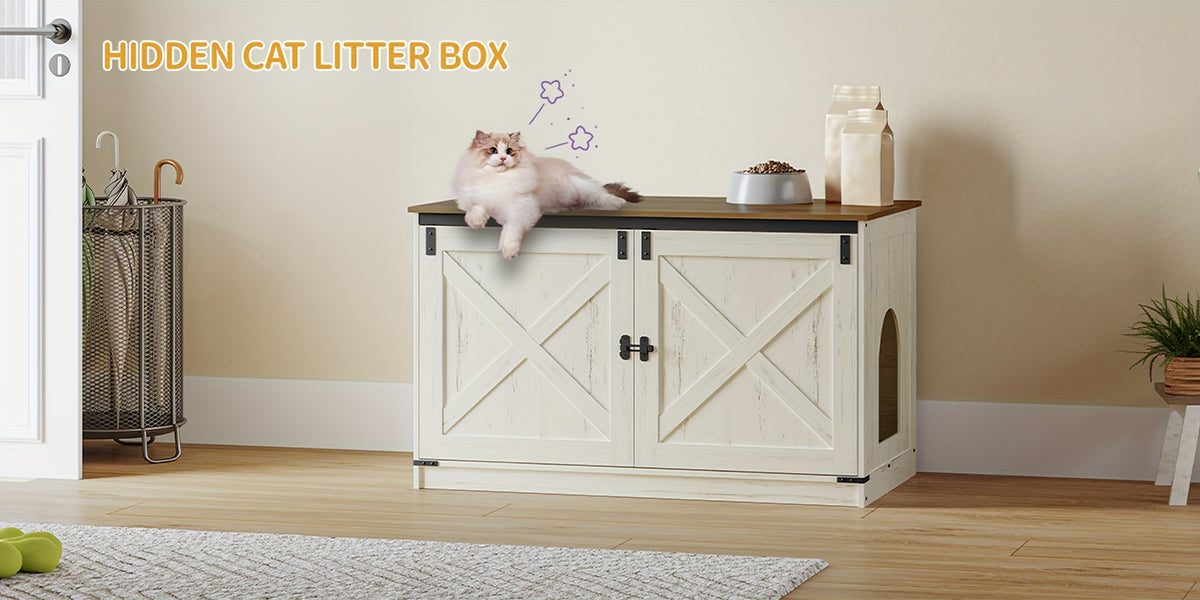 Hidden Litter Box Furniture with Barn Doors, Farmhouse Cat Cabinet with Reversible Entrance, Removable Divider and Ventilation Holes