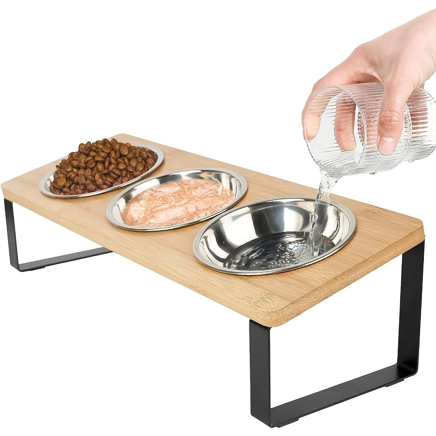 Cat Feeding Station with 3 Stainless Steel Bowls, 15° Tilted Elevated Wooden Rack for Indoor Cat Food and Water, Easy-Clean Dining Set
