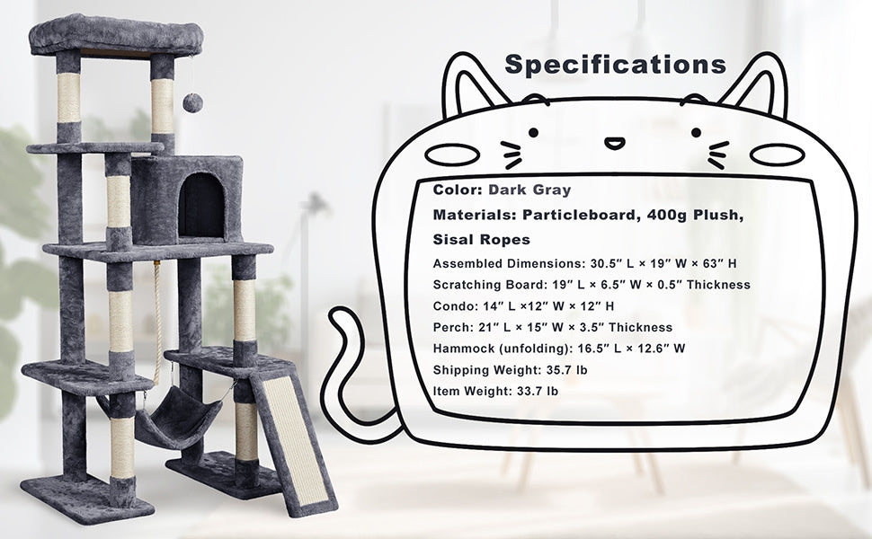 63 Inch Cat Tree with Hammock and Condo, Light Gray Plush Multi-Level Cat Tower with Scratching Posts, Ramp, Top Perch and Hanging Ball