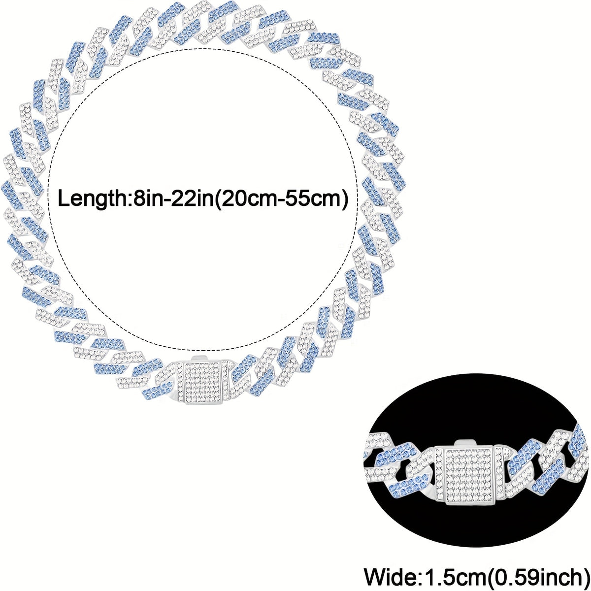 Crystal Cuban Chain Dog Collar, Adjustable 15mm Pet Necklace with Flip Lock for Dogs and Cats, Pink or Sky Blue Photo and Party Accessory