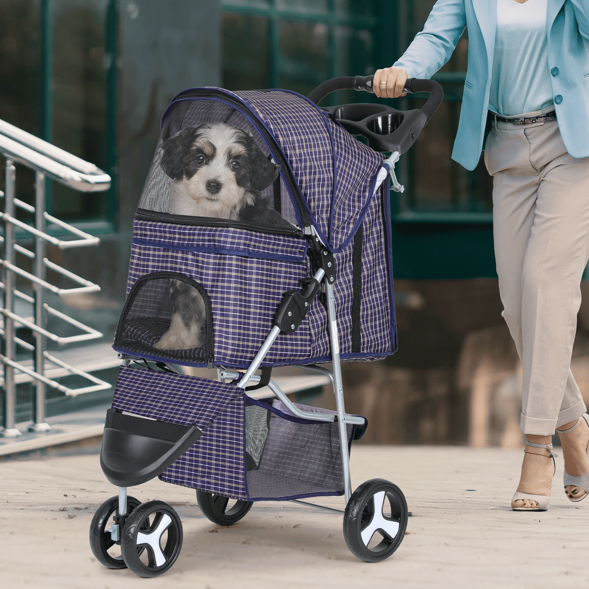 Pet Stroller with Storage Basket and Cup Holder, Magshion Three-Wheel Foldable Pushchair for Small and Medium Dogs and Cats, 14 Color and Pattern Options