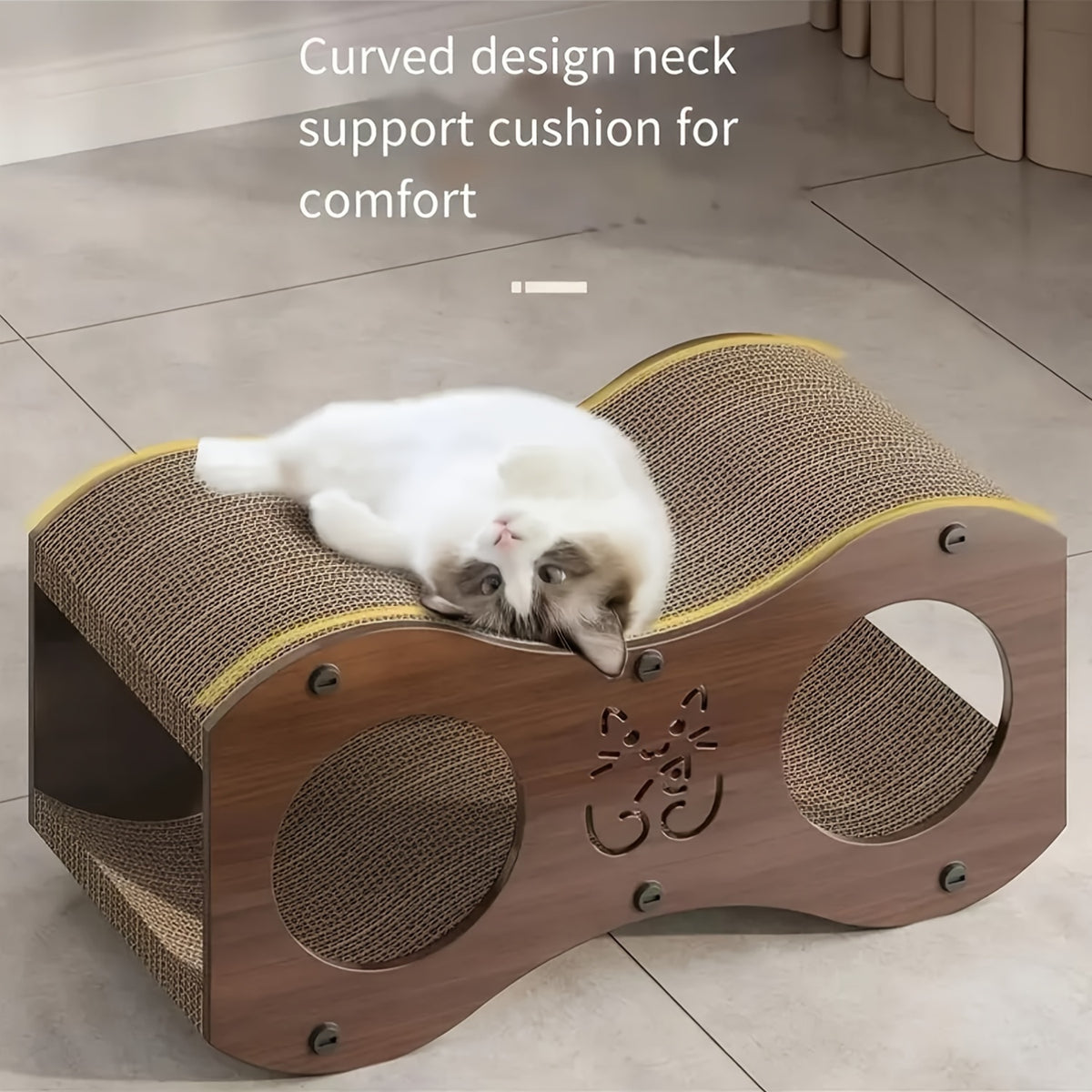 Cat Scratching Post with Integrated Bed and Woven Scratch Pad, Indoor Cat Lounging and Play Furniture with Cat Toy, Oak or Walnut Color Options