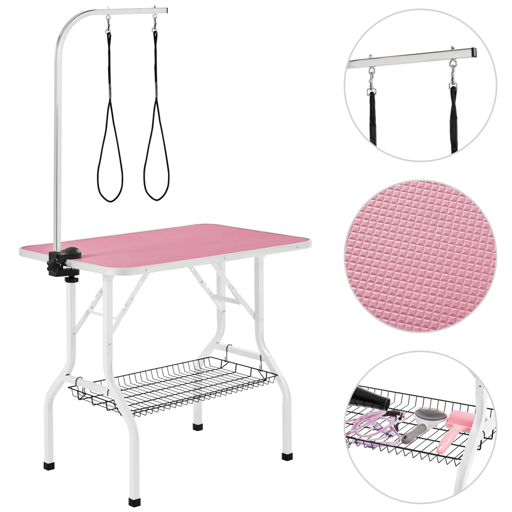 Foldable Dog Grooming Table with Mesh Tool Shelf, Detachable Height Adjustable Arm and Antiskid Surface for Small to Medium Dogs