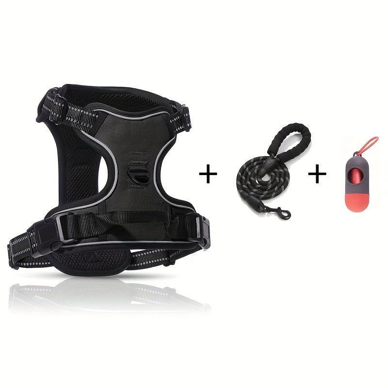 Dog Harness Set with Poop Bag Dispenser and Leash, Adjustable Reflective No-Pull Walking Gear in Black, Pink, Blue or Purple, S M L Options
