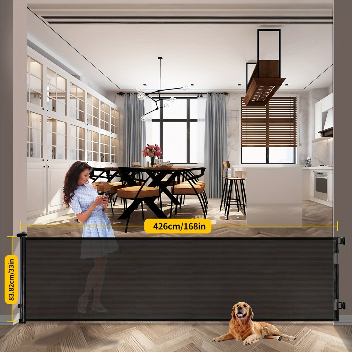 Retractable Mesh Dog Gate for Doorways and Hallways, Indoor Outdoor Pet Barrier in Black, White or Gray, Multiple Sizes up to 197 Inches Wide
