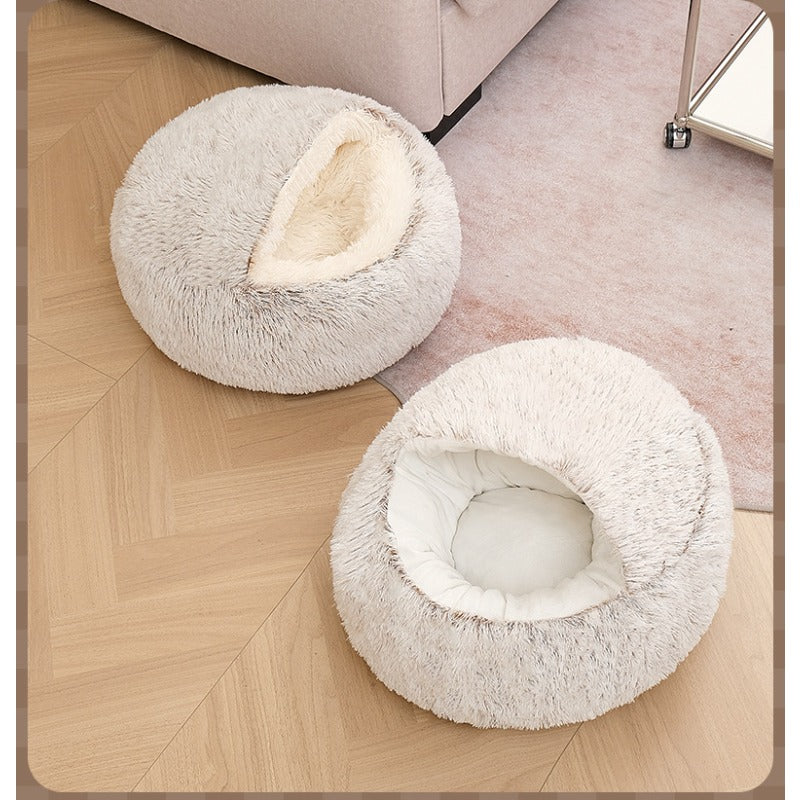Plush Cat Cave Bed with Shell-Shaped Semi-Enclosed Design, 15.75 Inch Long Plush Pet Nest for Cozy Indoor Rest in Three Color Options
