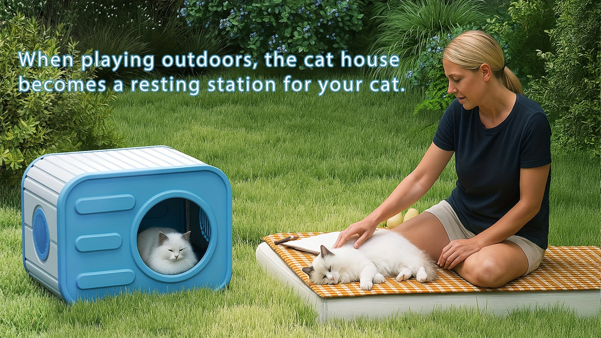 Blue Resin Cat House for Indoor and Outdoor Use, Easy-to-Assemble and Easy-to-Clean Pet Resting Shelter, 20.83 x 14.21 x 15.91 Inches