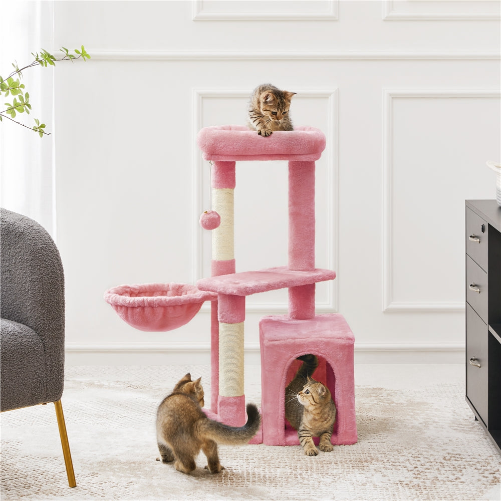 Cat Tree 34.5 Inch with Condo and Basket, Plush Indoor Cat Tower with Nest, Platform, Three Sisal Scratching Posts and Scratching Board in Five Colors