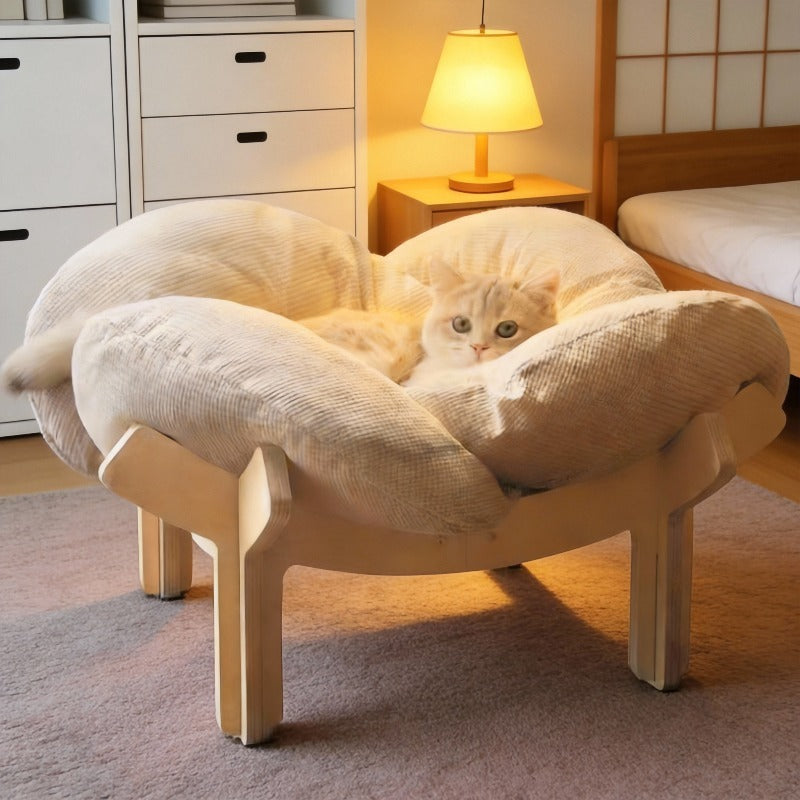 Raised Wooden Cat Bed with Sky Blue Cushion, Solid Wood High-Leg Pet Sofa for Cats and Small Dogs, Includes Assembly Hardware and Tools
