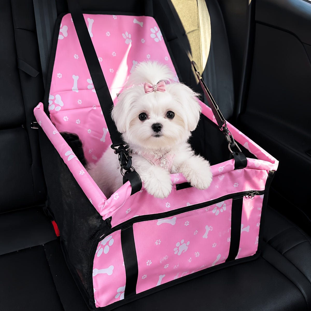 Small Dog Car Booster Seat with Bone Print, Foldable Oxford Pet Travel Carrier with Mesh Sides, Adjustable Straps and Storage Pocket