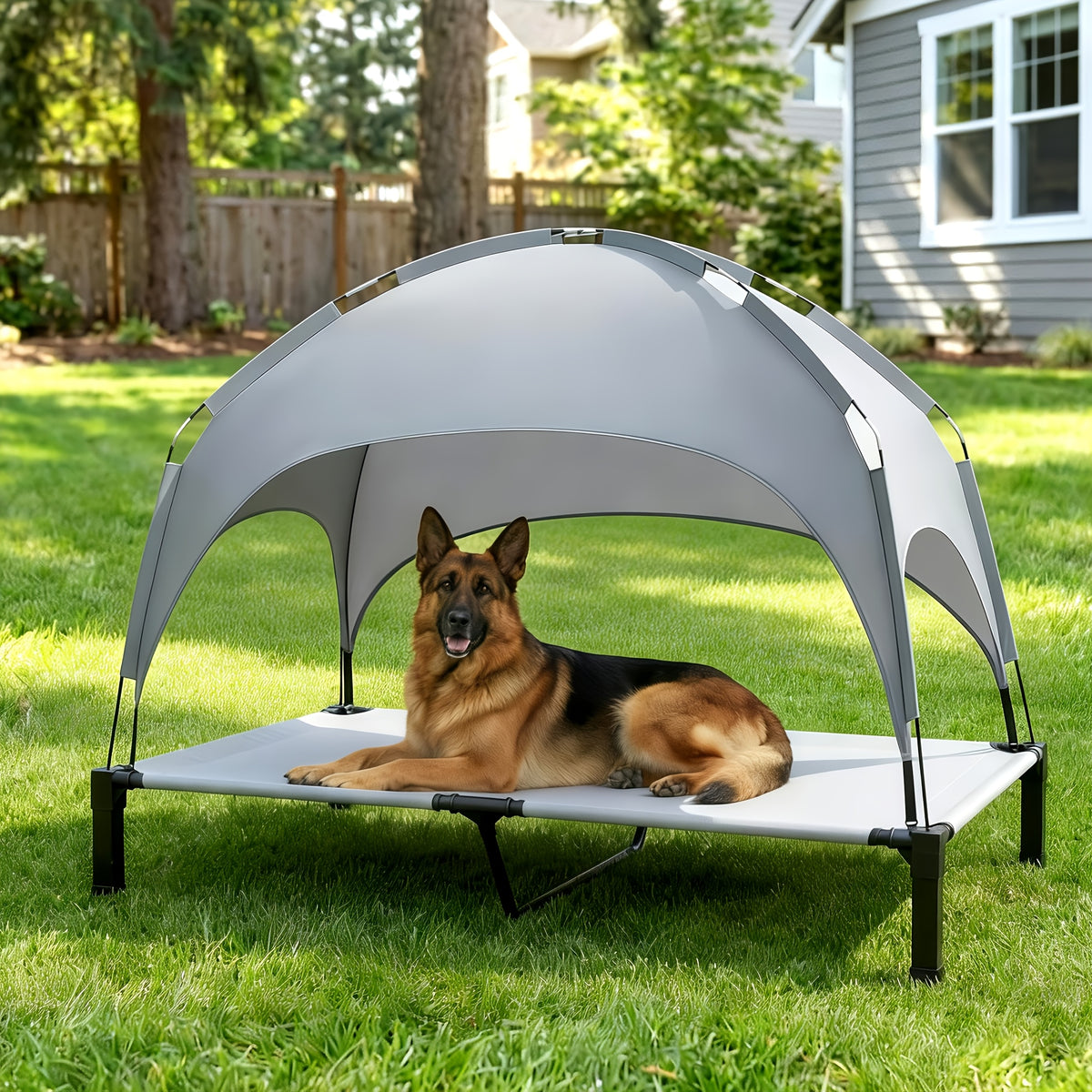 Dog Cot with Canopy, Elevated Outdoor Dog Bed with Removable Shade and Adjustable Non-Slip Feet for Large Dogs, Camping and Indoor Rest
